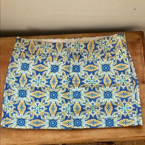 Printed Blue and Yellow Tile-Pattern Mini Skirt